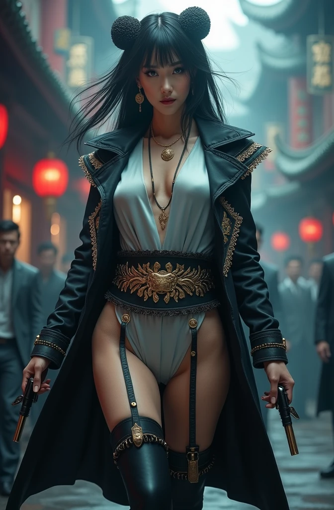 (masterpiece, Best Quality, High resolution, 32K HDR),year of dragon,chinese Mafia girl, man harem,strong woman,black long hair,
