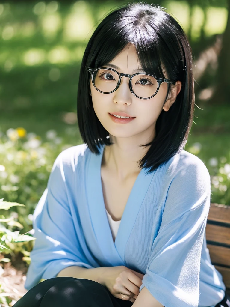 A Japanese woman with black hair and glasses sitting under the sunlight in the park