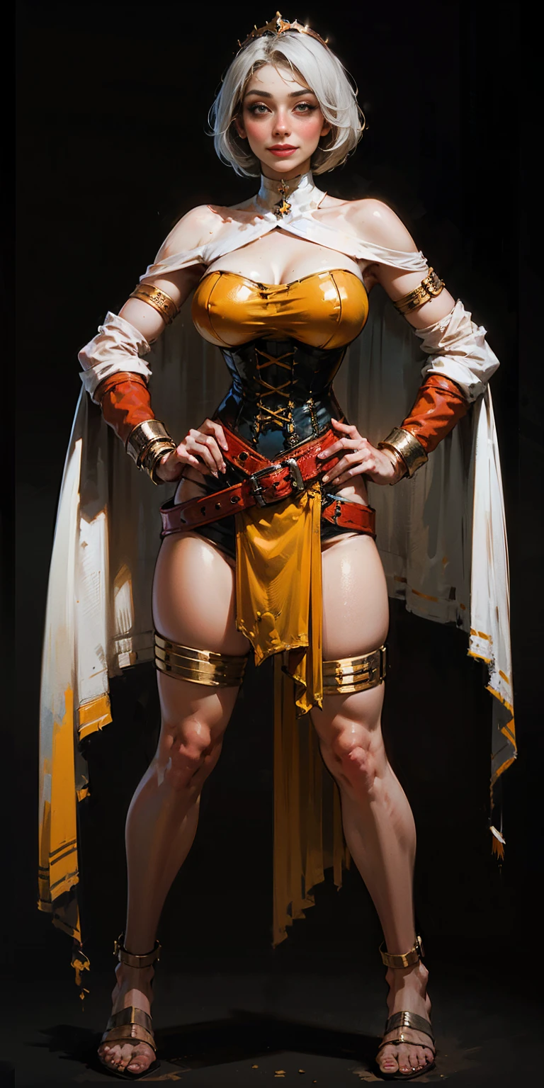 ((BLACK BACKGROUND,1:2, masterpiece)), full body MILF BIMBO standing with two long thighs and two metal sandals, red eyes, silver white hair, short bob style hair, big breasts, cleavage, separate sleeves, tiara royal, long cape up to two feet, yellow bikini, hands on waist, navel, lustful smirking smiling, smile face (red blushed, red cheeks), metal shoulders, gold sleeveless armbands, black leather choker slave collar, shackle bracelets, sex slave red crest, pauldrons, breastplate, corset, eye focus, full body, whole body. 1solo . slave fighter, loincloth standing, hands on hips, metal sandals, backpack, choker, big belt, view from below, feet together, bracers, tiara)
