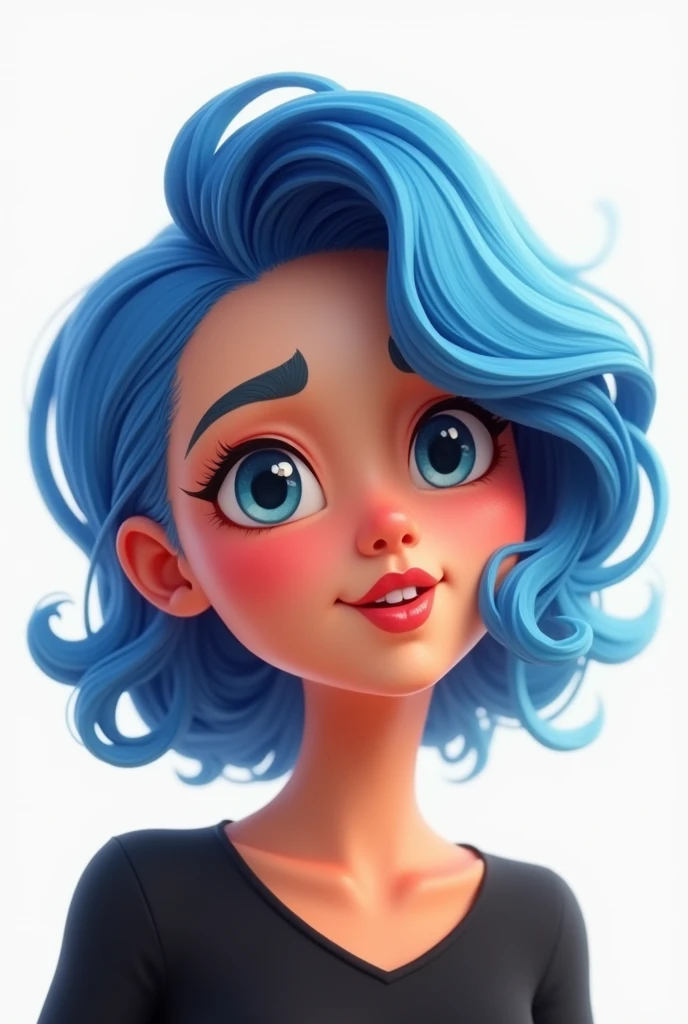 animated character woman, wavy blue hair, combination skin, with tongue out and happy, White background, black clothes, from shoulders up, cutest, 
