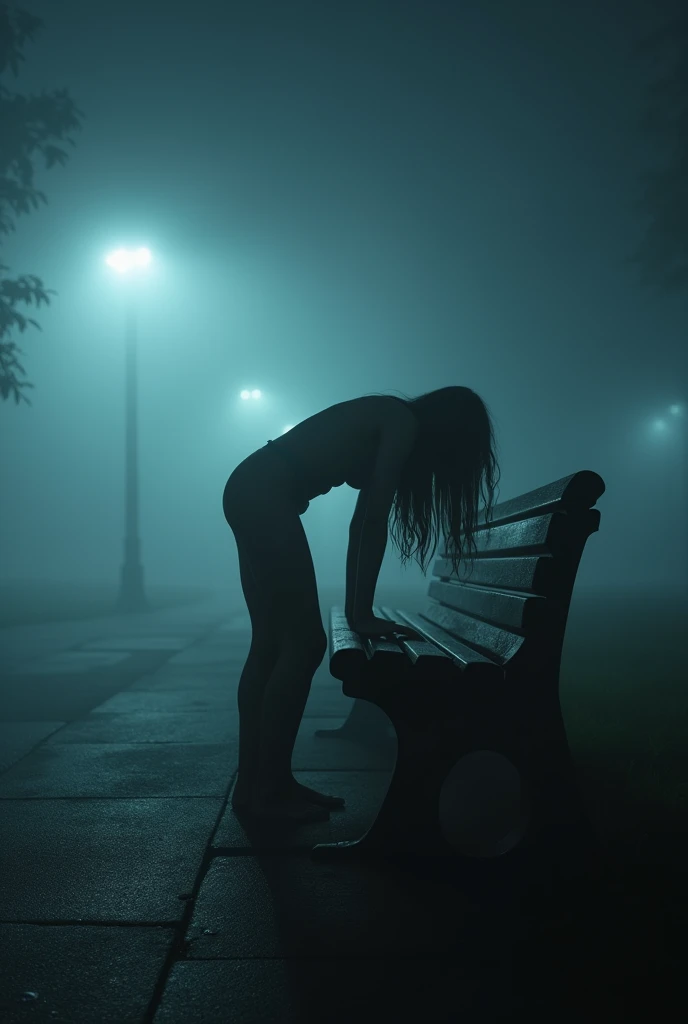 editorial photography,super detailed background,Super realistic,double exposure,depth of field,beauty super slender skinny teen masochist slave vides,soft focus pure tone,narrative scene,A naked woman hiding in thick fog at park bench midnight,NSFW,shy kinky,wet,dirty,masochist,bend over,