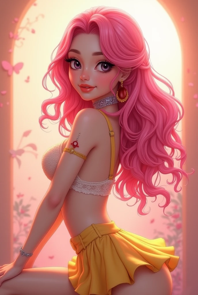 Make a very cute and sexy girl with pink hair, and with a short yellow skirt