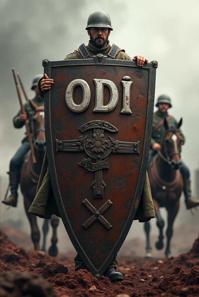 World War I shield with name ODI, with weapons and blood, with soldiers on horseback