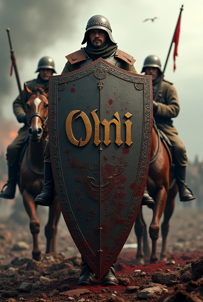 World War I shield with name ODI, with weapons and blood, with soldiers on horseback
