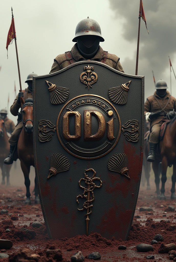 World War I shield with name ODI, with weapons and blood, with soldiers on horseback