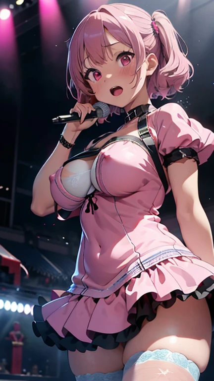 mastute piece,Best Quality,insanely detailed,8k cg,nsfw,
(shoot upper body:1.3),
(1girls:1.3),standing,looking at viewr,body in front,(arms behind back:1.4),(idol costume:1.4),(bare breasts:1.2),(bare nipples:1.2),
break,
blush,shy,(ecstasy face),(trembling:1.2),break,(light pink hair:1.3),
break,
perfect breasts,perfect teats,(open mouth:0.9),(large breasts:1.2),
(idol stage),