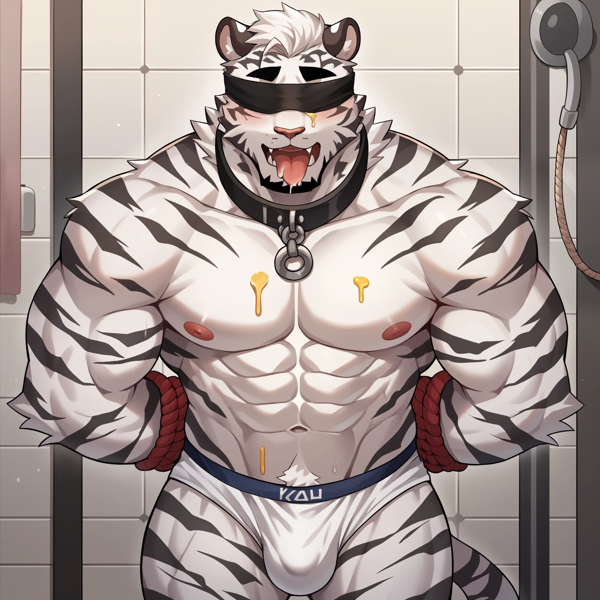 Scribble White Tiger face,Humanity(White Tiger),(Topless:1.3),Muscular,(Black eyebrows:1.1),(Blindfold),White fur，（artist:Takemoto Arashi），bathroom，（white sexy panties:1.3），paw，（black beard:1.3），（Collar:1.3），（Hip bulge:1.3），（Tied up with rope:1.4），Sticking out tongue，（Pale yellow liquid:1.3）