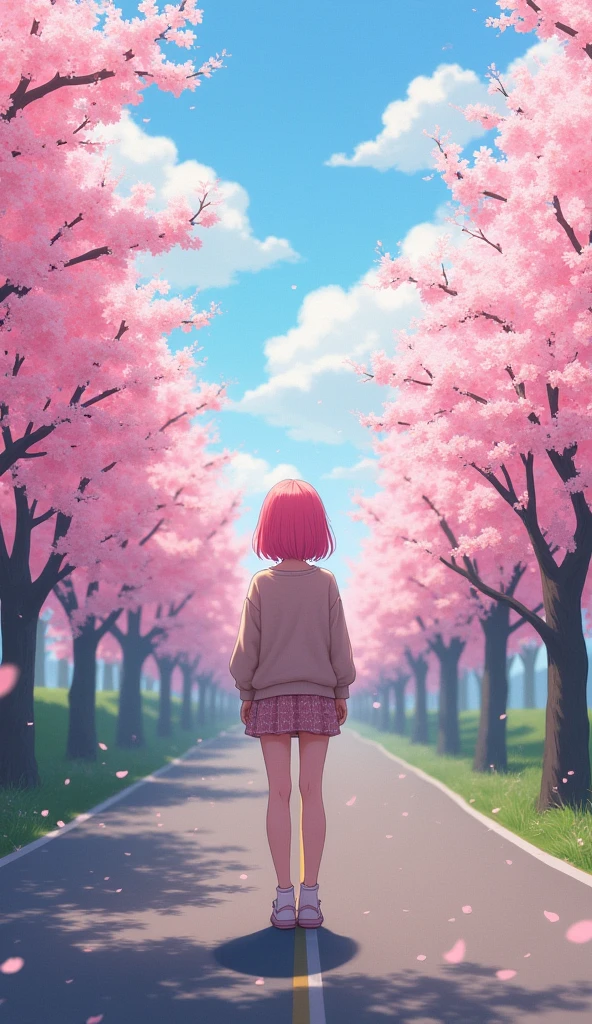 masterpiece, Highest quality, Very detailed, shape, Wide-angle, A girl stands in the middle of the road, alone, The road in the middle and pink cherry blossom trees on the roadside, whole body, 20th Generation, Pink Hair, sweater, Short skirt, fashion,, composition, balance, Harmony, rhythm, color, Light, Shadow, reflection, refraction, tone, Contrast, prospect, Middle Way, background, Naturalistic, Figurative, Expressive.