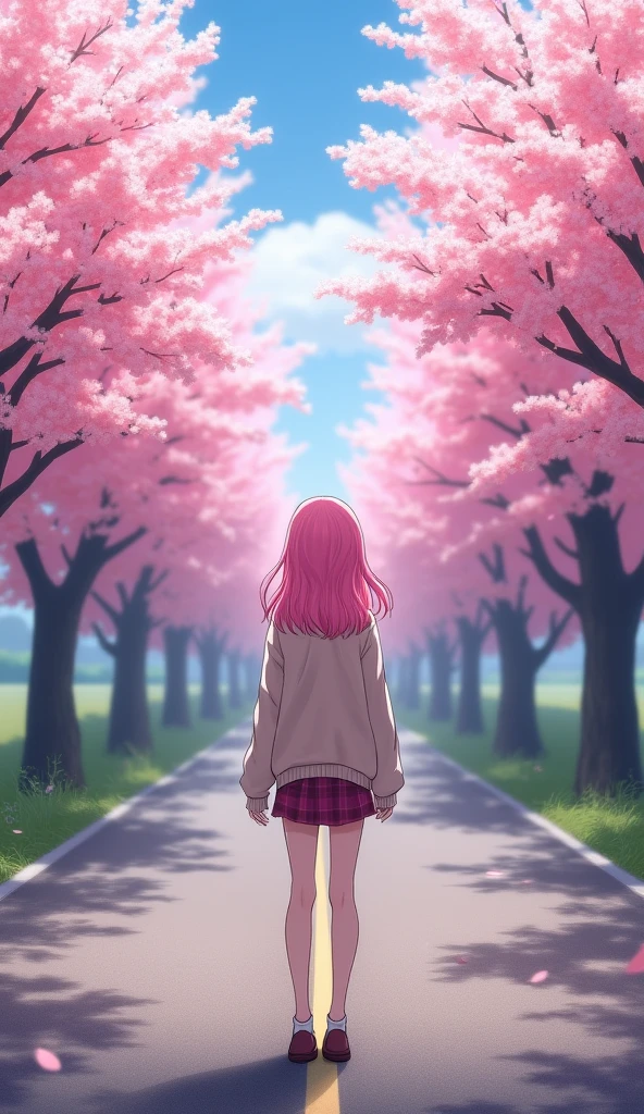 masterpiece, Highest quality, Very detailed, shape, Wide-angle, A girl stands in the middle of the road, alone, The road in the middle and pink cherry blossom trees on the roadside, whole body, 20th Generation, Pink Hair, sweater, Short skirt, fashion,, composition, balance, Harmony, rhythm, color, Light, Shadow, reflection, refraction, tone, Contrast, prospect, Middle Way, background, Naturalistic, Figurative, Expressive.