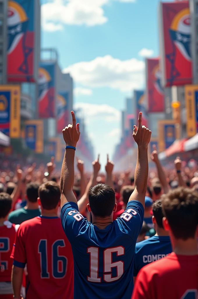 2024 NFL Season Announcement, with uniformed fans pointing upwards on a street colored in festive football-themed colors.