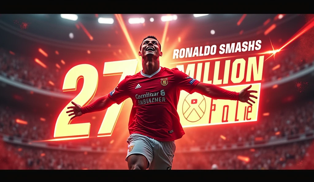 Main Title (Bold, Large Font):
"Ronaldo SMASHES Record!"Subtext (Smaller Font):
"27 Million Subs in ONE DAY!"Additional Elements:Explosive Graphics: Use dynamic, explosive graphics around the text, giving it an energetic feel.Highlight Numbers: Make "27 Million" stand out with bright colors or a glowing effect.Ronaldo Image: Choose an image of Ronaldo celebrating, perhaps with a trophy or in his iconic goal celebration pose.YouTube Logo: Place a large YouTube logo with a subscriber icon to emphasize the platform.Arrows or Streaks: Add some motion streaks or arrows pointing towards the "27 Million" to draw attention.
