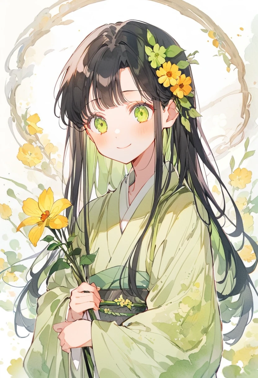 A girl wearing a yellow-green kimono、Long black hair、Straight Hair、Yellow-green flower hair ornament、holding shinobue,{smile},{{sad}},soft tech,soft line,pure anime style,{watercolor}