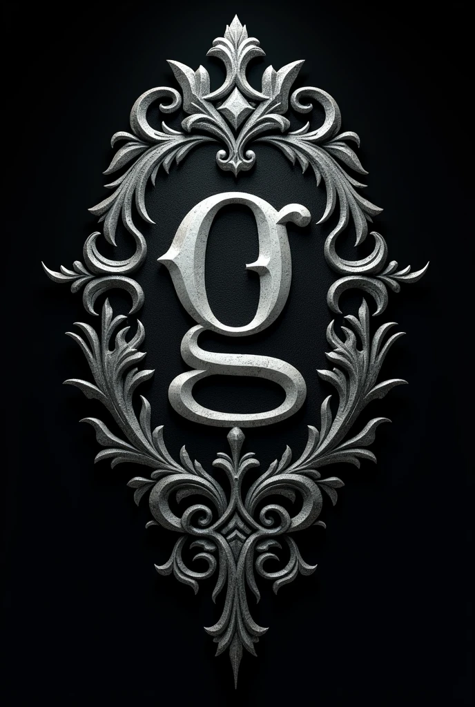 create a tattoo logo with ornaments around the letter G highlighted with the gothic font and with a skull hand in silver color