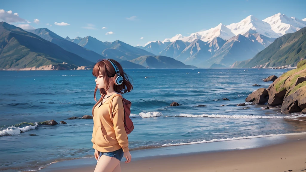 Make a picture of a beautiful woman in her 20s, using earphones, casual, with a background of mountains and ocean