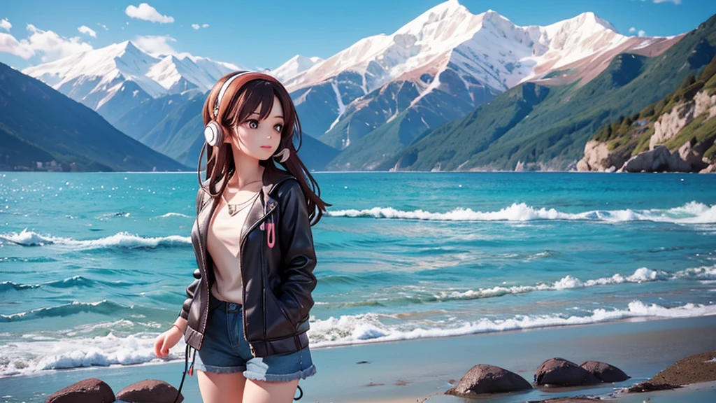 Make a picture of a beautiful woman in her 20s, using earphones, casual, with a background of mountains and ocean