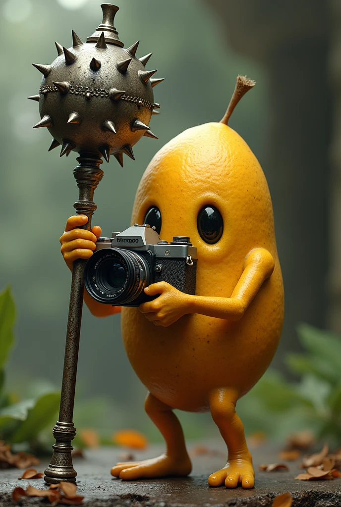A mango taking a picture of an armed mace