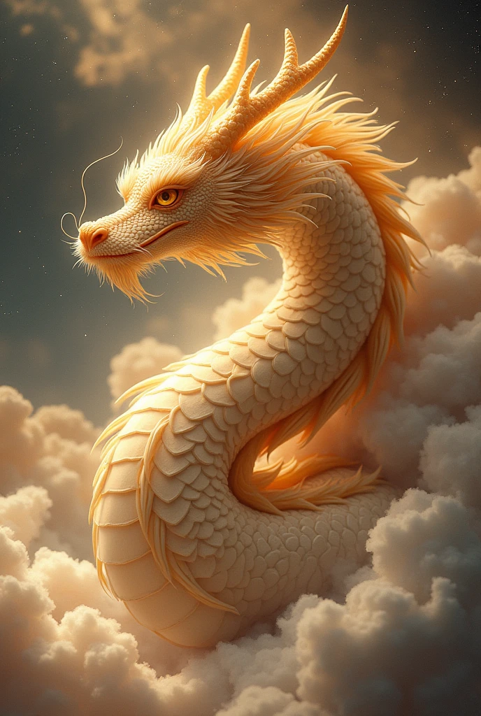 masterpiece, Highest quality,Japan Dragon God、golden dragon、smiling gently、With fluffy fur。An image of ascending to the heavens。The background is space。No wings