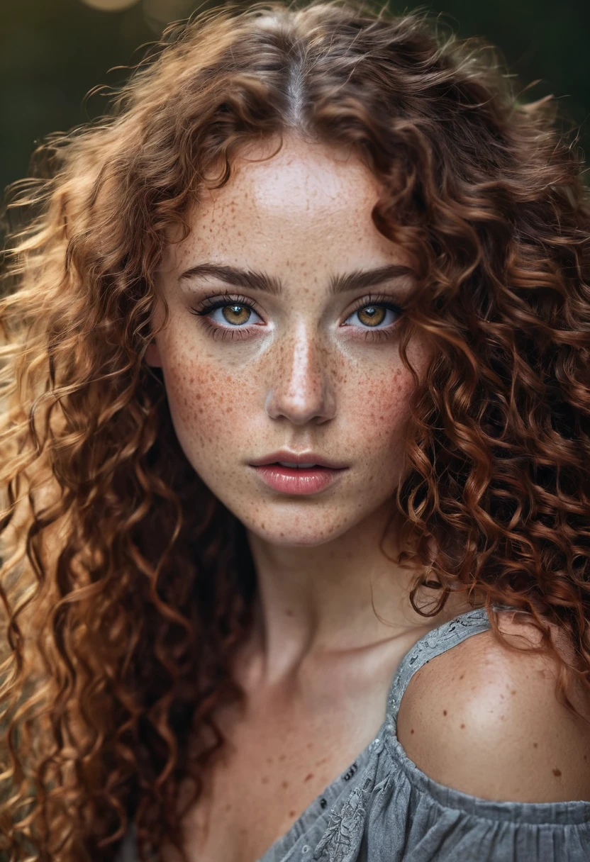 beautiful lady, (freckles), ruby eyes, long curly hair, dark makeup, hyperdetailed photography, soft light, head and shoulders portrait, cover