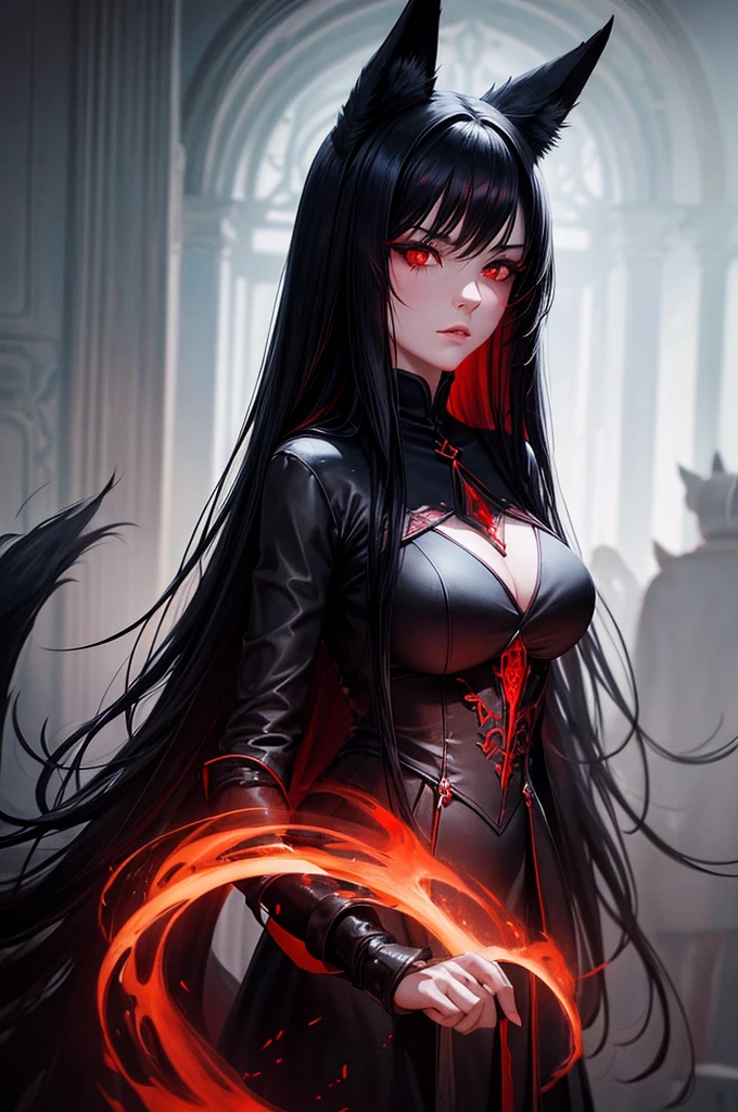 beautiful girl with long black hair, red eyes, black fox ears and a black fox tail, wearing a black and red dress, hyperrealistic, highly detailed, 8k, photorealistic, intricate, cinematic lighting, dramatic lighting, moody atmosphere, warm color palette, cinematic pose, elegant, mystical, magical, fanciful, ethereal, fantasy art, dark fantasy