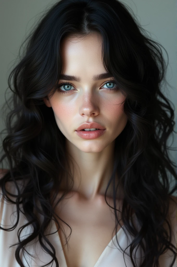Black curly long hair realistic Caucasian pale skin model blue eyes