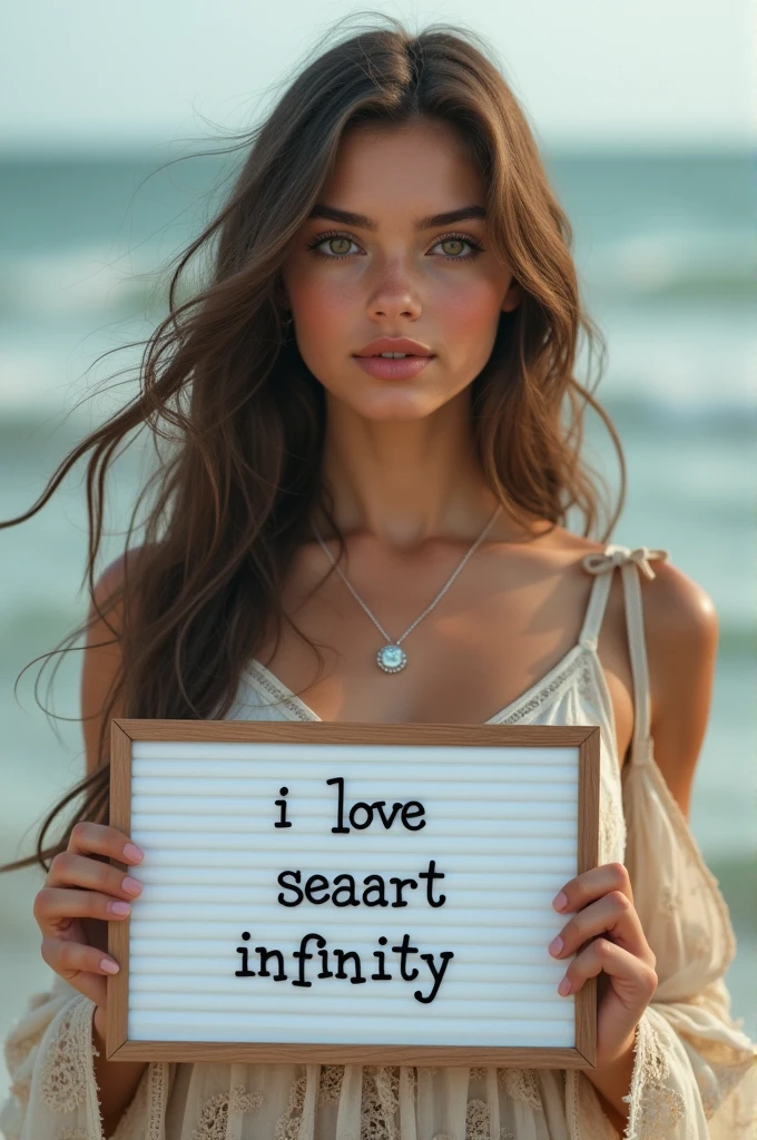 Beautiful girl with wavy long hair, bohemian dress, holding a white board with text "I Love Seaart Infinity" and showing it to the viewer