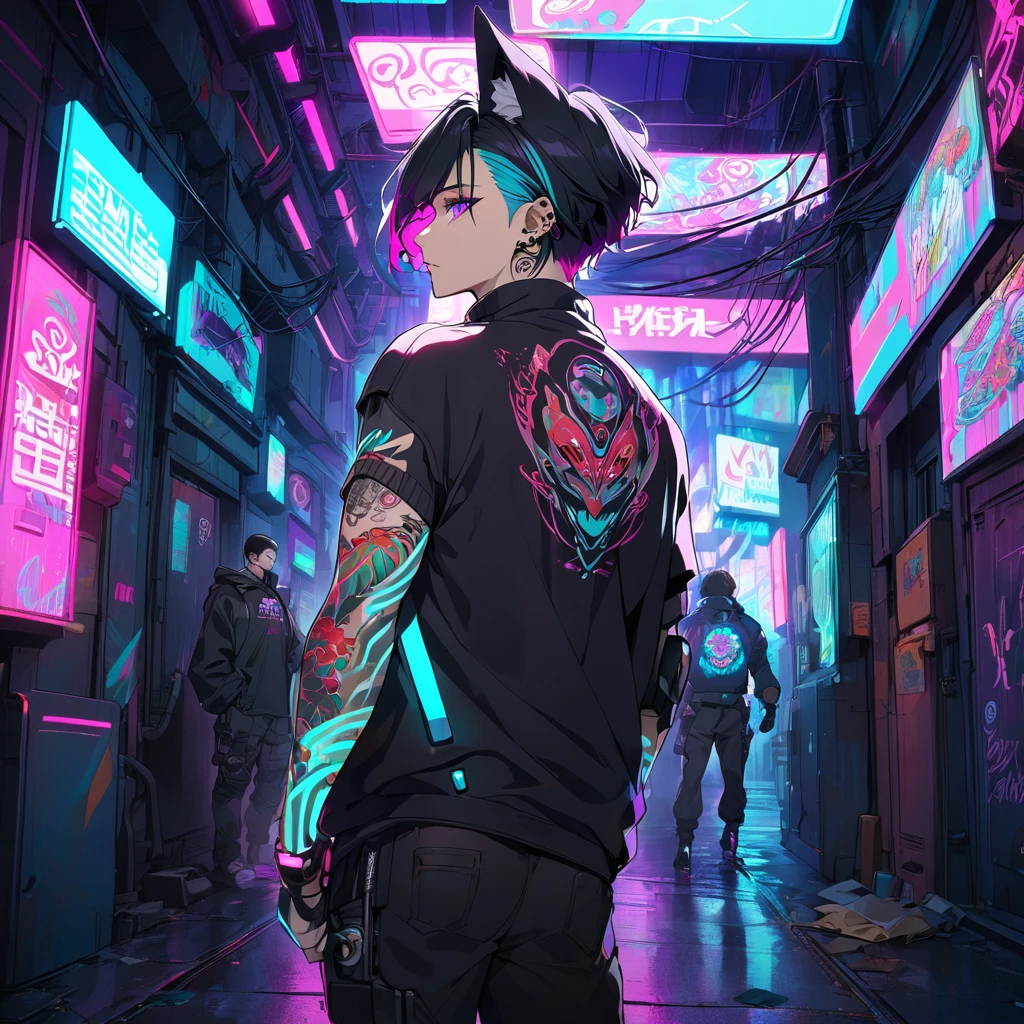 1man, short black hair with pink and cyan tips,Muticolored hair, fox ears, purple eyes, wearing a black coat, wearing black pants, wearing purple undershirt, tattoos on arms,  colorful koi tattoos, cyberpunk, profile picture perspective, neon, showing body
