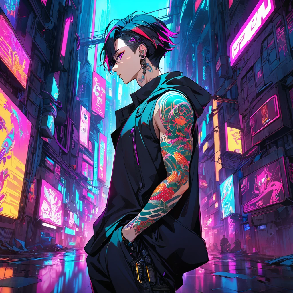 1man, short black hair with pink and cyan tips,Muticolored hair, fox ears, purple eyes, wearing a black coat, wearing black pants, wearing purple undershirt, tattoos on arms, colorful koi tattoos, cyberpunk, profile picture perspective, neon, showing body