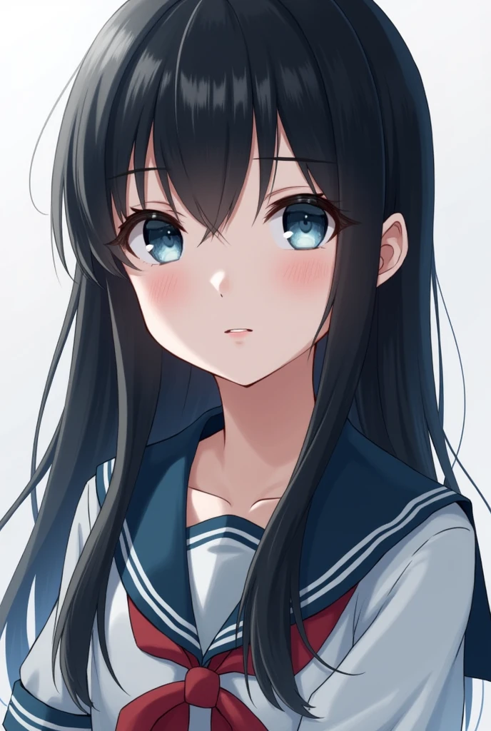 15 year old teenager in a sailor school uniform. blue eyes. Black hair with pigtails. pale white skin. realistic image.