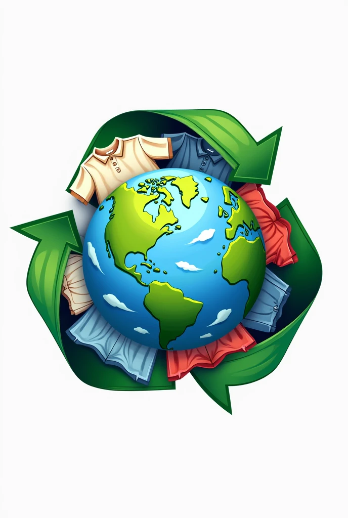 Please generate a logo-type image that deals with recycling and caring for planet Earth., where you can see a planet Earth and there are shirts and pants around it


