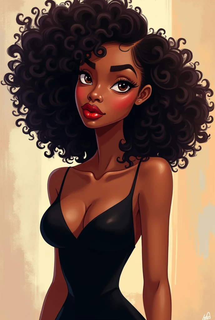 black woman curly hair black dress, Brown eyes, reddened mouth, Brown eyes escuro, round and wide face Disney pixel animation style