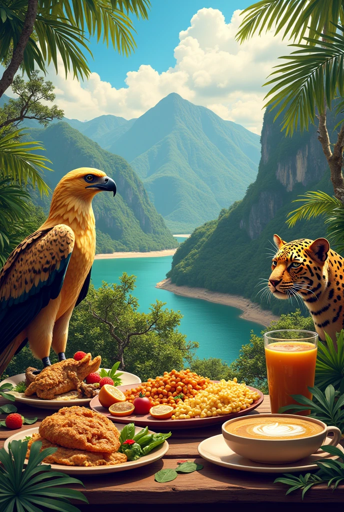 Diverse landscapes: Andes Mountains, Amazon rainforest, Caribbean beaches, or the eastern plains.
gastronomy: Traditional dishes such as arepa, the paisa tray, or coffee, Showcasing culinary diversity.
Biodiversity: Iconic animals like the Andean condor, the golden frog or the jaguar.
vibrant colors: Use colors like yellow, blue and red of the flag, reflecting the joy and energy of Colombians.