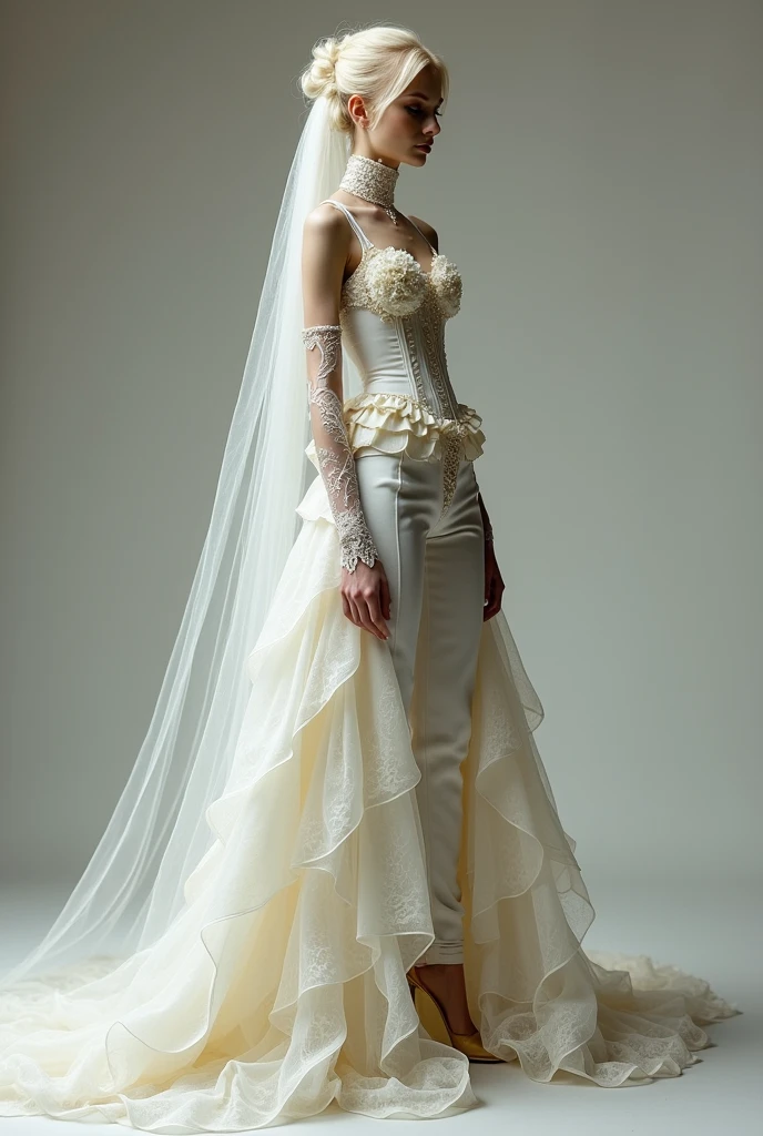 thin androgynous man, with blonde hair, rococo wedding dress. She wears a unique outfit that combines a dress with very tight dress pants.. The trousers are complemented by an impressive dress train that starts from the waist., with lots of tulle and fluffy. The top features a corset, a full lace turtleneck to the waist, sleeveless, decorated with delicate ruffles and glassware details that add a touch of luxury. The outfit is completed with a bridal veil of more than five meters., long lace gloves