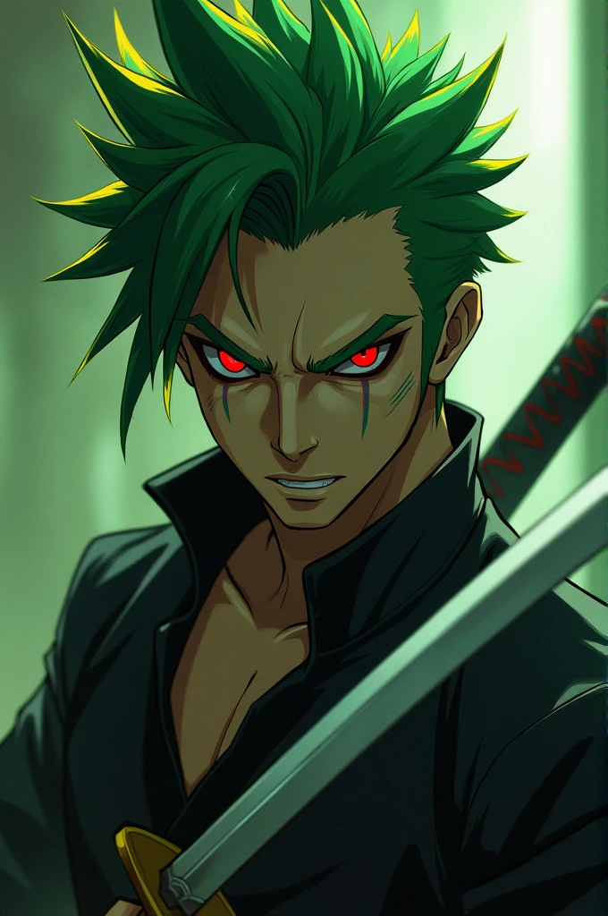 Man with green hair and yellow tips and red eyes with a katana and a psychopathic look 