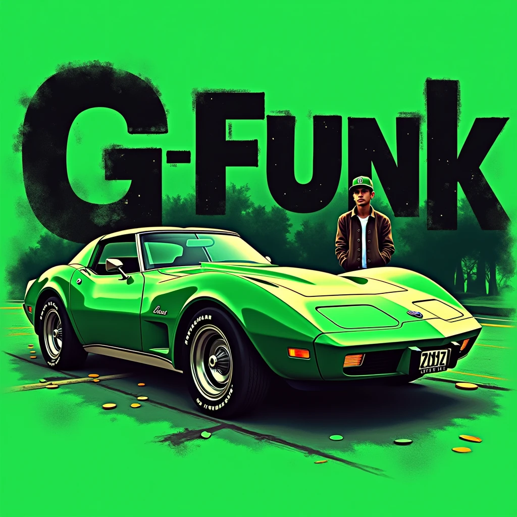 G-FUNK Hip Hop Album Cover, Green Background, Green Car, WONAG FUNK. Let an Asian teen with a deep ball cap come out