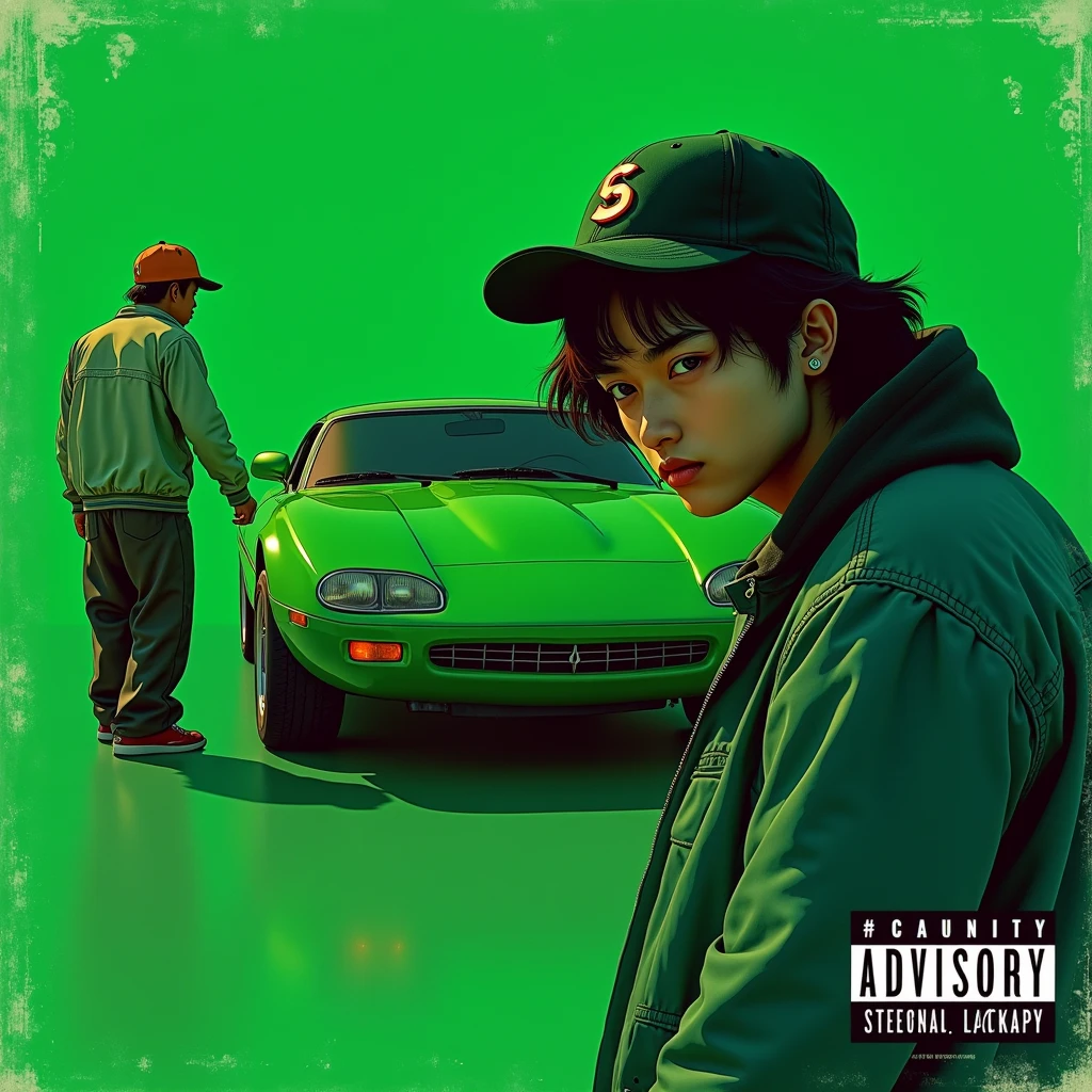 G-FUNK Hip Hop Album Cover, Green Background, Green Car, WONAG FUNK. Let an Asian teen with a deep ball cap come out