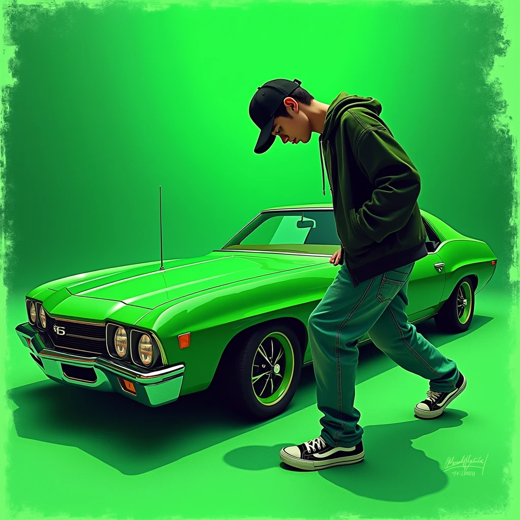 G-FUNK Hip Hop Album Cover, Green Background, Green Car, WONAG FUNK. Let an Asian teen with a deep ball cap come out