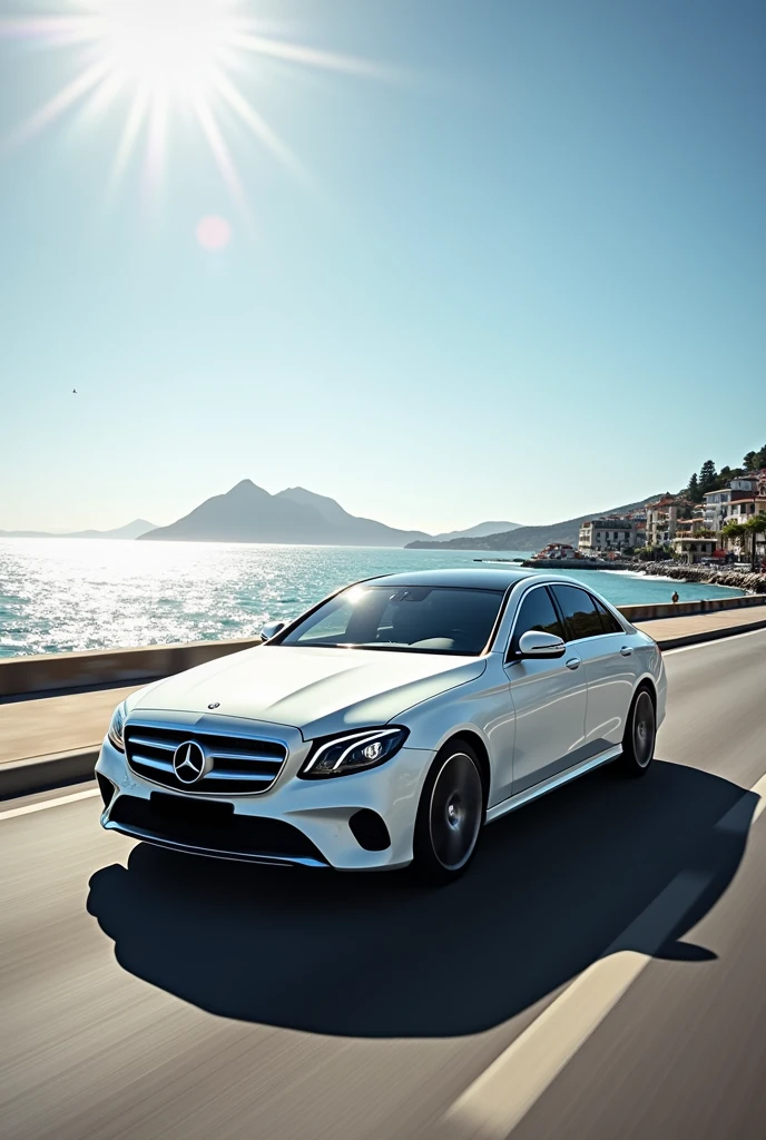 A WHITE MERCEDES W201 WITH AMG WHEELS AND A SUNROOF DRIVING ALONG THE BANKS OF THE PUNTA DEL ESTE PROMENADE