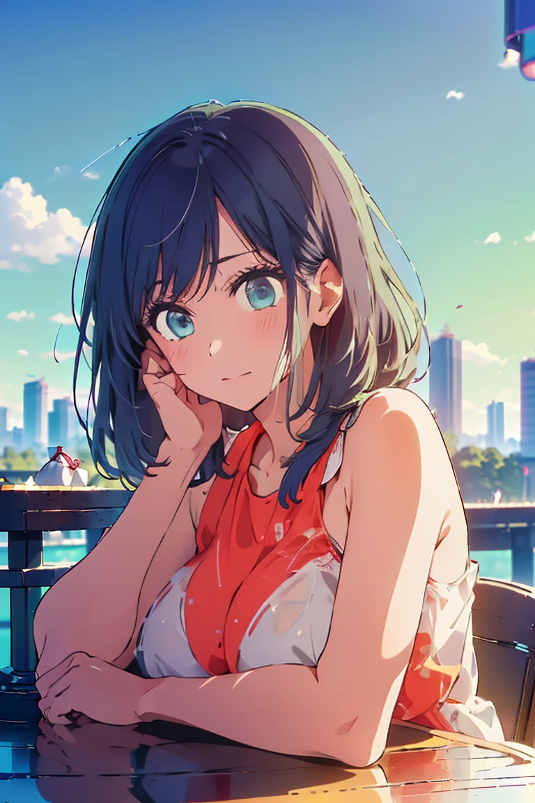 (Highest quality、masterpiece、超detailed、Ultra-high resolution、Realistic、Raw photo、Absurd、Absolute Resolution、8K、detailed:1.4)、F cup bust、Big Breasts、Slim body、Very white beautiful skin、((((1 person、Surprised expression、sit、Chair、In the background are the urban buildings of Tokyo、looking at the camera、Outdoor café terrace、Navy hair color、juice、Shooting up close、Shooting from the side、table、Very cute face))))、((((nude、Areola))))、(Pose with hands tucked behind ears:1.4、Cheek resting on hand:1.4)、Off-the-shoulder blouson、Black blouson with zipper、Very blue sky、A completely cloudless sky