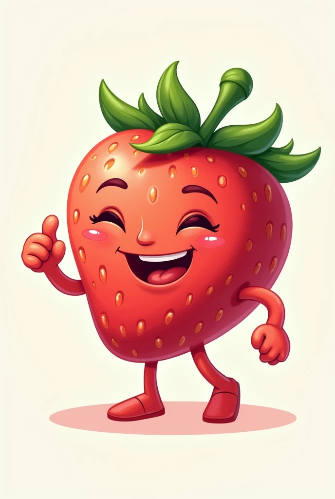 a strawberry with hands showing thumb and legs cartoon for strawberries and cream logo make the strawberry less tender