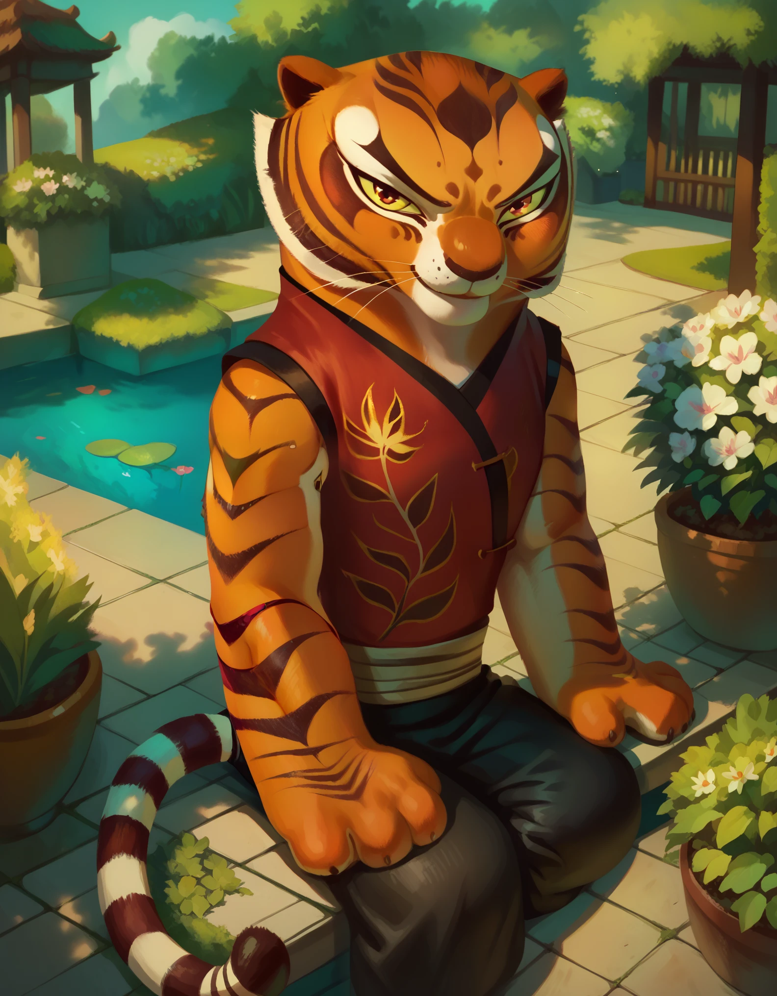 score_9, score_8_up, score_8, 1girl, m4stertigr3ss, solo, tail, looking at viewer, red qipao, black silk pants
Sitting on garden