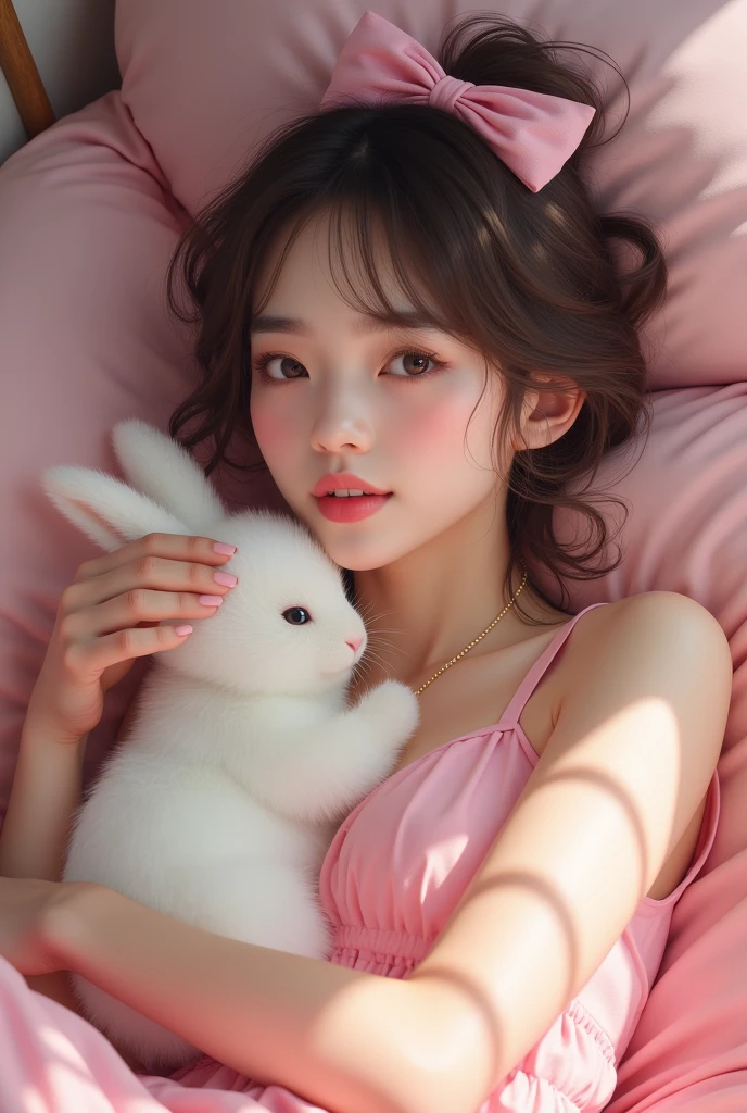 a woman with jeong yunho from ateez face claim, soft and cute features, doe eyes, round pink lips, pale skin, feminine features, detailed features, laying on a bed, dressed in pink coquette clothes and a pink bow on her hair, while petting a cute fluffy and white bunny