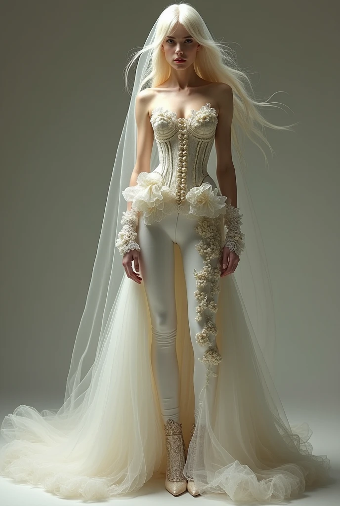 thin androgynous man, with blonde hair, rococo wedding dress. She wears a unique outfit that combines a dress with very tight dress pants.. The trousers are complemented by an impressive dress train that starts from the waist., with lots of tulle and fluffy. The top features a corset, a full lace high neck to the waist, sleeveless, decorated with delicate ruffles and glassware details that add a touch of luxury. The outfit is completed with a bridal veil of more than five meters., long lace gloves