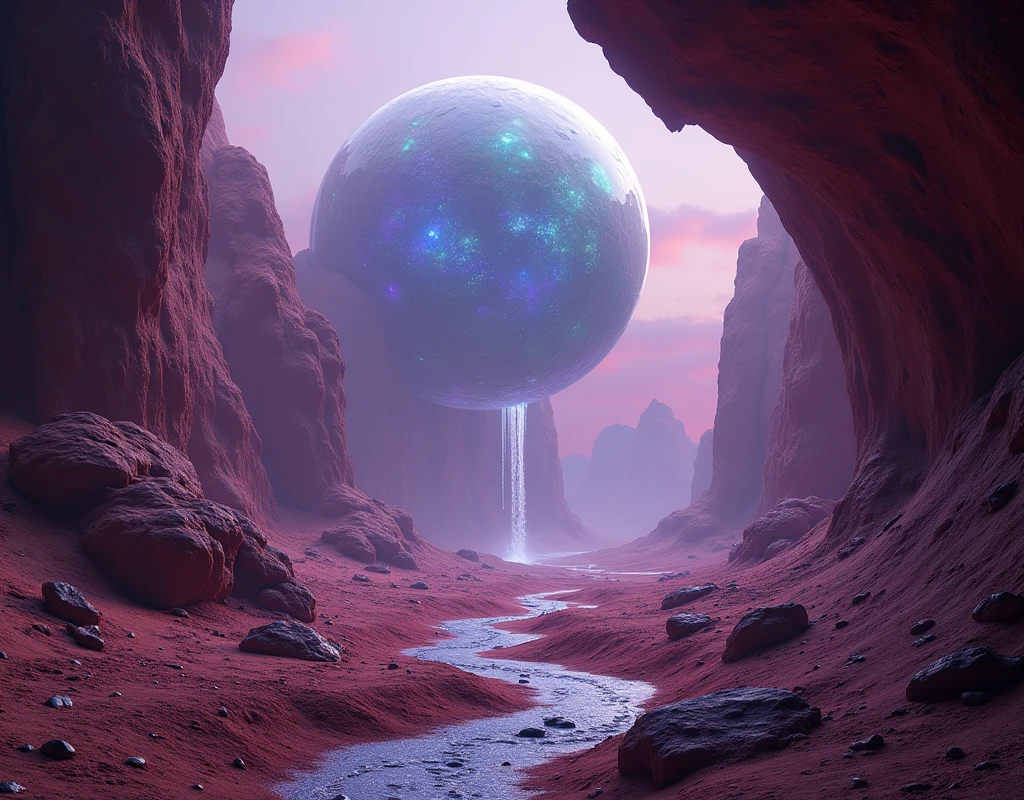 the viewer is in a rift, there is a dome top growing up above the rift, there are veiny dark bubbles growing in a rift between two martian land masses (Its membrane is a spherical leaf), the bubble is a plant exterior and anchored itself to rift valley walls, and climbing higher, foamy bubbles, soap like plant bubbles, air bubbles, bubbles rising, huge bubbles, liquid sculpture, magic bubble barrier, bubbles rising, huge bubbles, bubbly closed cell foam and froth at the outside base of the bubble, the main structure can be seen from satellite pictures, viewer and astronauts are inside a terraformed alien super bubble. the biological membrane of the bubble surface is reminiscent of botanotech from series raised by wolves, cybernetic plant membrane,,, (there are smaller hemispheres at the base of a lager one), there is a veiny dark membrane growing in a rift between two martian land masses, the membrane is air tight and anchored itself to rift walls, and climbing higher, ethereal rainbow membrane, iridescent soapy membrane, ethereal membrane, membrane, foamy membrane, soap membrane, membrane air bubbles, water bubble, magic membrane barrier, bubbles rising, huge membrane, liquid sculpture, magic membrane barrier, membrane rising, huge membrane, membrane closed cell foam and froth at the base of the bubble, the main structure can be seen from satellite pictures, viewer and astronauts are inside a terraformed alien membrane, purple and blue glass are lined up on a rift valley and rift shelves, light caustics, purple bioluminescence, glowing liquid, glowing, glowing purple, caustics reflections, purple and blue neon RED, glowing threads of drop, ethereal bubbles,