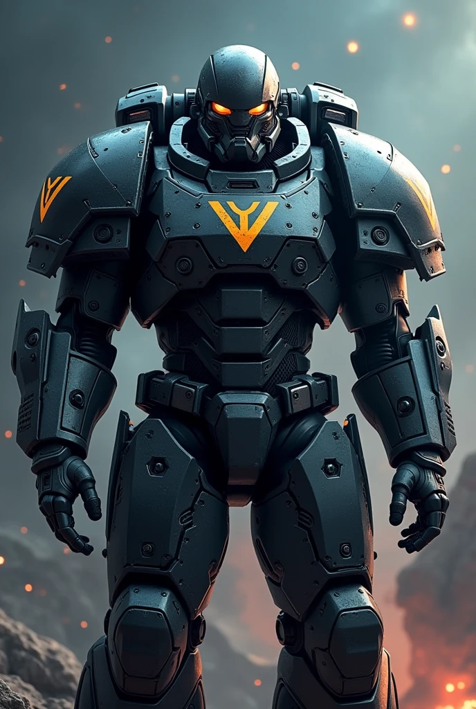 A space marine with the letter V painted on his armor