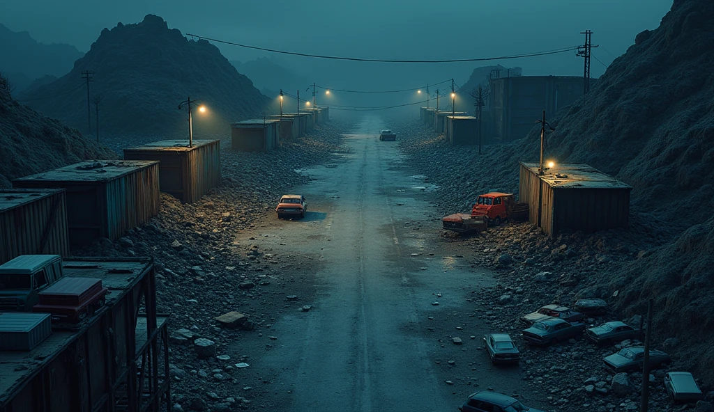 vampire the masquerade, map rpg, ((a large junkyard, with some broken cars, some mountains of rubble,)), game art, birdseye straight top-down shot from a drone, battlemap, current modern theme, seen from above, role-playing game, empty location, nighttime environment, (with realistic proportions and textures, intricate details, handdrawn, vibrant, cinematic lighting, masterpiece, 8k:1.2)