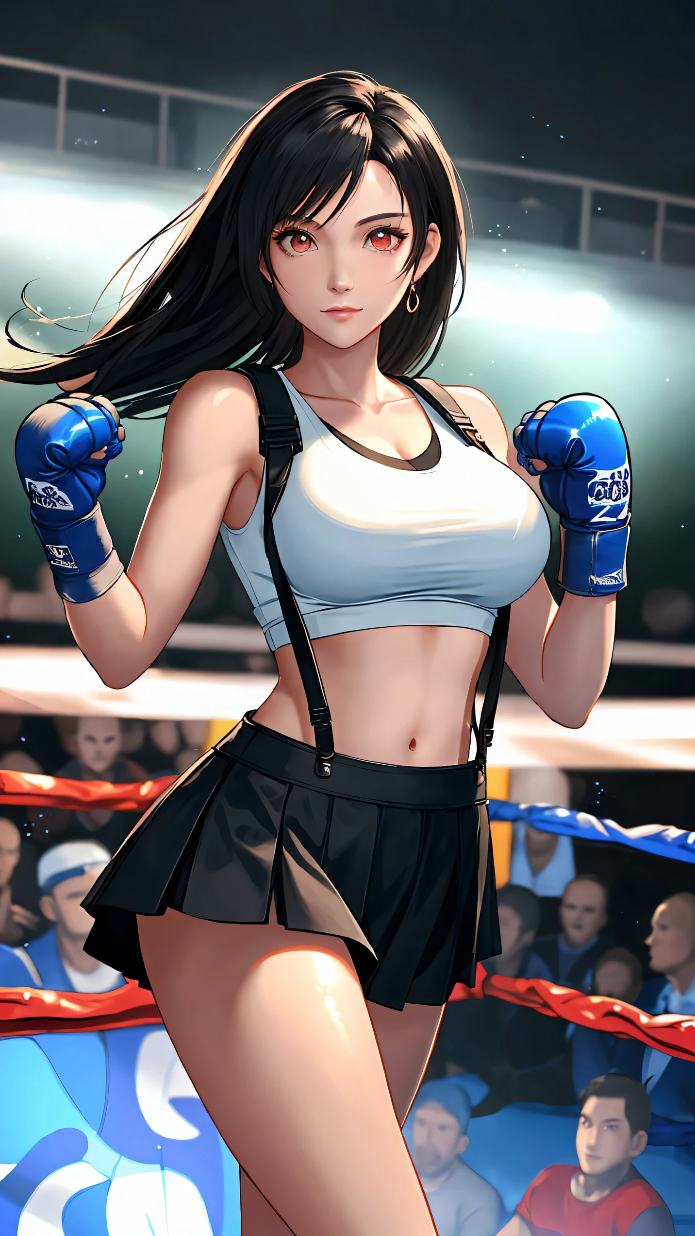 8k,masterpiece, BSET quality,big, (1 person), Tifa Lockhart, red_eye, Black Hair, Long Hair, Professional Lighting, (Glowing Skin: 1.2), shiny big, ((Highest quality)), Sharp focus: 1.2, Highly detailed face and skin texture, detailed eye, Perfect Face, Perfect body, Blur Art, CG, Background Big Tits, before (20-year-old, Mature, cool and beautiful face), Worn (Black skirt with suspenders), Boxing gloves, Boxing Ring, White Tight Shirt, thigh, White tank top, belly button,