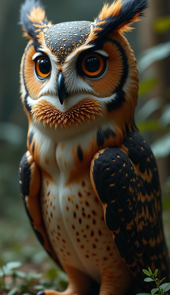beauty, , owl, Anthropomorphic, big: 1.3, Slim Abs: 1.1, Dark brown hair, Ultra detailed face, Detailed lips, Detailed eyes, double eyelid