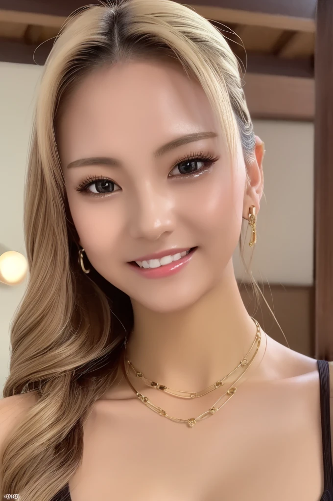 a beautiful blonde japanese gal with big breasts, 比基尼, smile、a well-trained body, oily body,Shiny skin, trained abdominal muscles,  earrings, navel piercing, necklace, bracelet, Full body photography、(best quality, 4K, 8k, highres, masterpiece:1.2), ultra-detailed, (realistic, photorealistic, photo-realistic:1.37), hyper detailed, extremely detailed, intricate details, sharp focus, physically-based rendering, professional, vivid colors, studio lighting