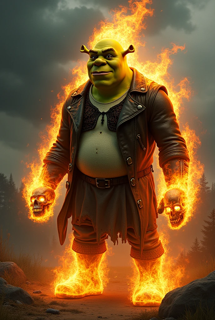 Sherek dressed as a ghost rider 