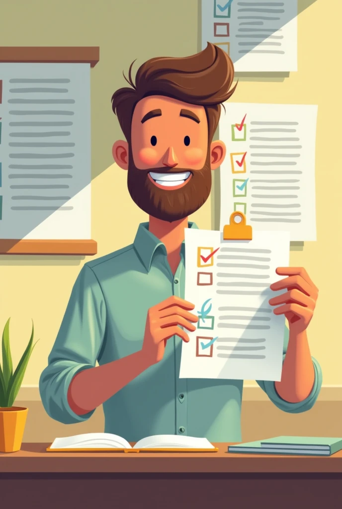 Animated man is using a list to organize his work, looking happier and more focused.
